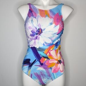 Gottex Blue Pink Colorful Floral Full Coverage One Piece Swimsuit 8